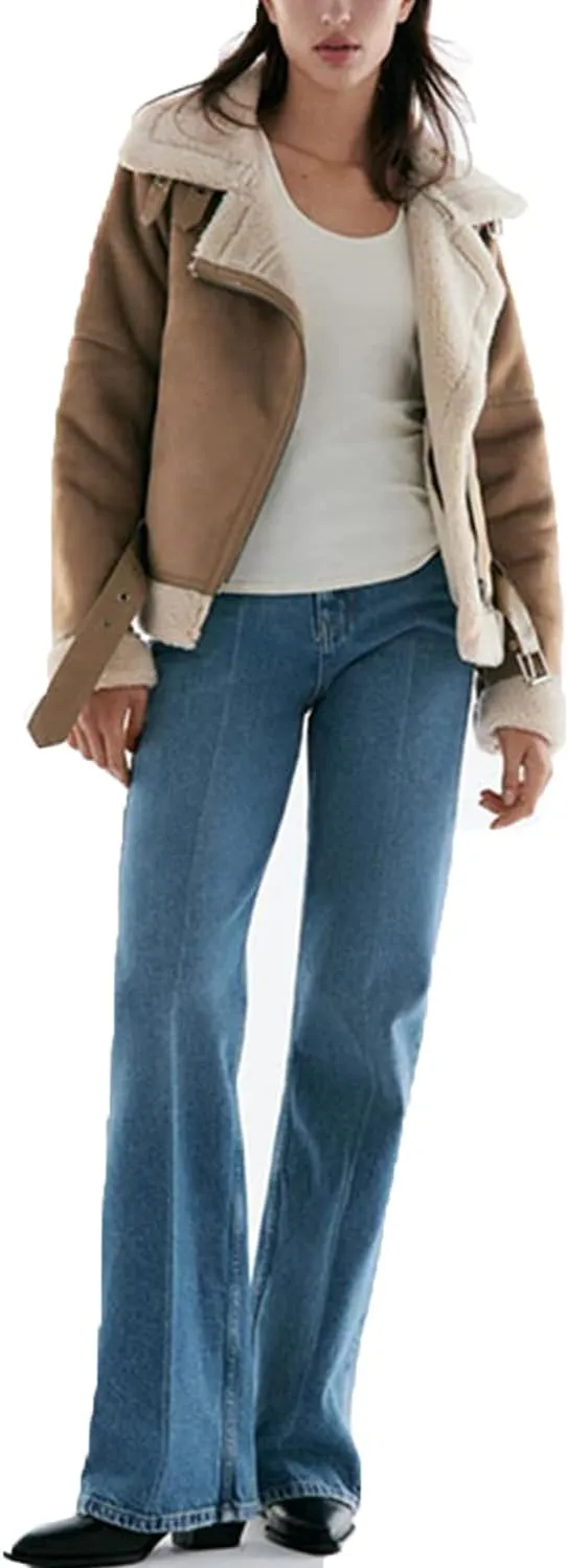 LY VAREY LIN Women's Faux Shearing Moto Jacket Thick Lined Parka Winter Shearling Coat Leather Jacket
