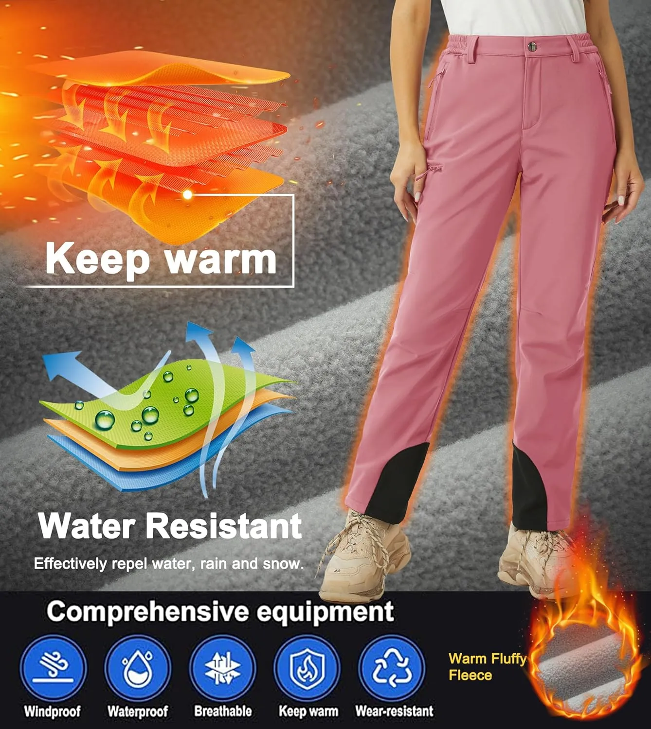 MAGCOMSEN Women's Fleece Lined Winter Hiking Pants Waterproof Insulated Ski Snow Pants Outdoor Hunting Softshell Pants