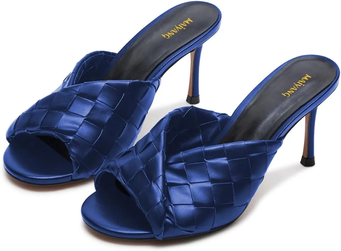 Maiyang Women Trendy Open Toe Slip on Braided Mules Stiletto High Heel Party Event Daily Walking Slide Sandals Size 4-16 US