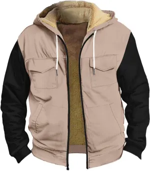 Men Coats Winter Long Sleeve Zipper Hoodies Sherpa Fleece Lined Vintage Print Jackets Fall Winter Coats