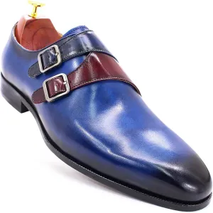 Men Double Buckle Monk Shoe Leather Dress Loafers Wedding Formal Work Shoes Slip On Moccasins,Blue-38