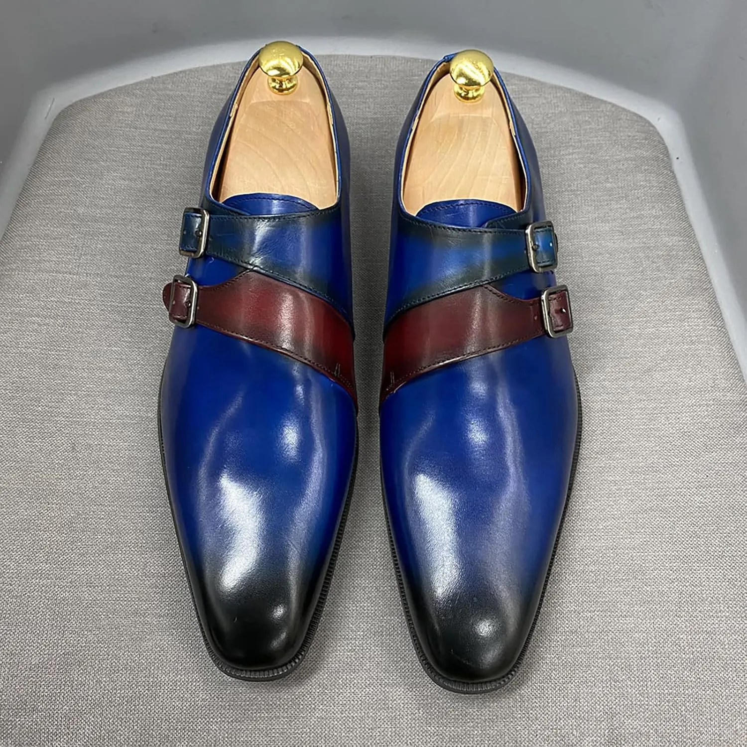 Men Double Buckle Monk Shoe Leather Dress Loafers Wedding Formal Work Shoes Slip On Moccasins,Blue-38