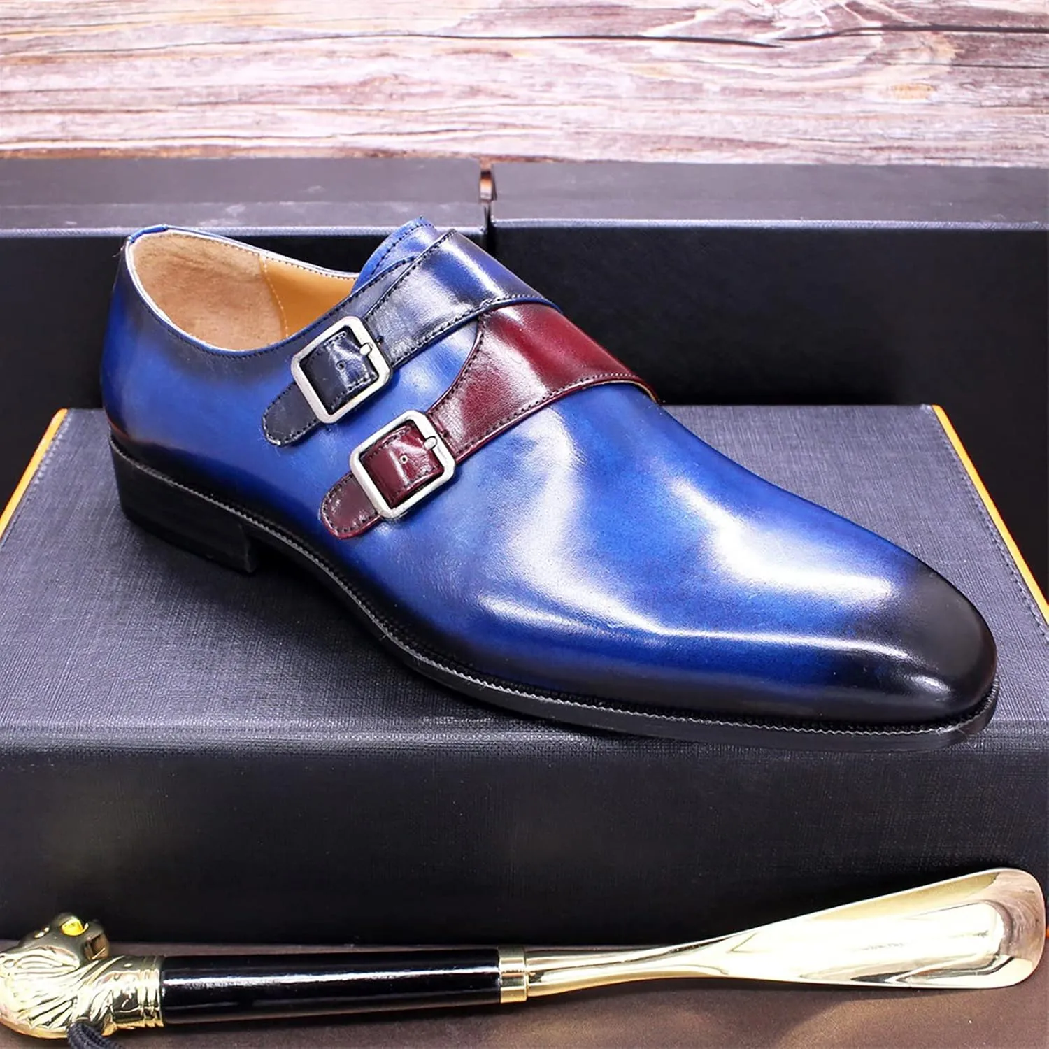 Men Double Buckle Monk Shoe Leather Dress Loafers Wedding Formal Work Shoes Slip On Moccasins,Blue-38