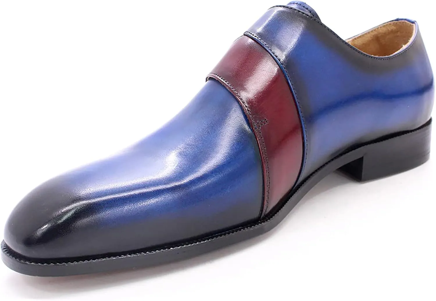 Men Double Buckle Monk Shoe Leather Dress Loafers Wedding Formal Work Shoes Slip On Moccasins,Blue-38