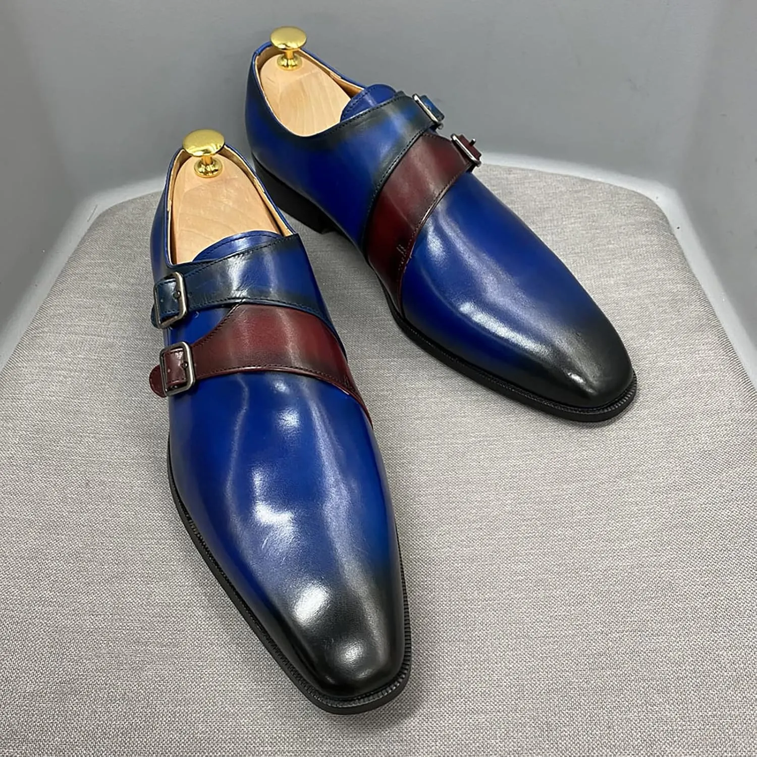 Men Double Buckle Monk Shoe Leather Dress Loafers Wedding Formal Work Shoes Slip On Moccasins,Blue-38