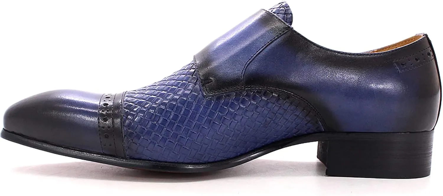 Men Loafers Dress Shoes Leather Brogues Slip On Moccasins Double Buckle Monk Shoe Wedding Office Formal Shoes,Blue-46
