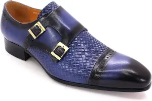 Men Loafers Dress Shoes Leather Brogues Slip On Moccasins Double Buckle Monk Shoe Wedding Office Formal Shoes,Blue-46
