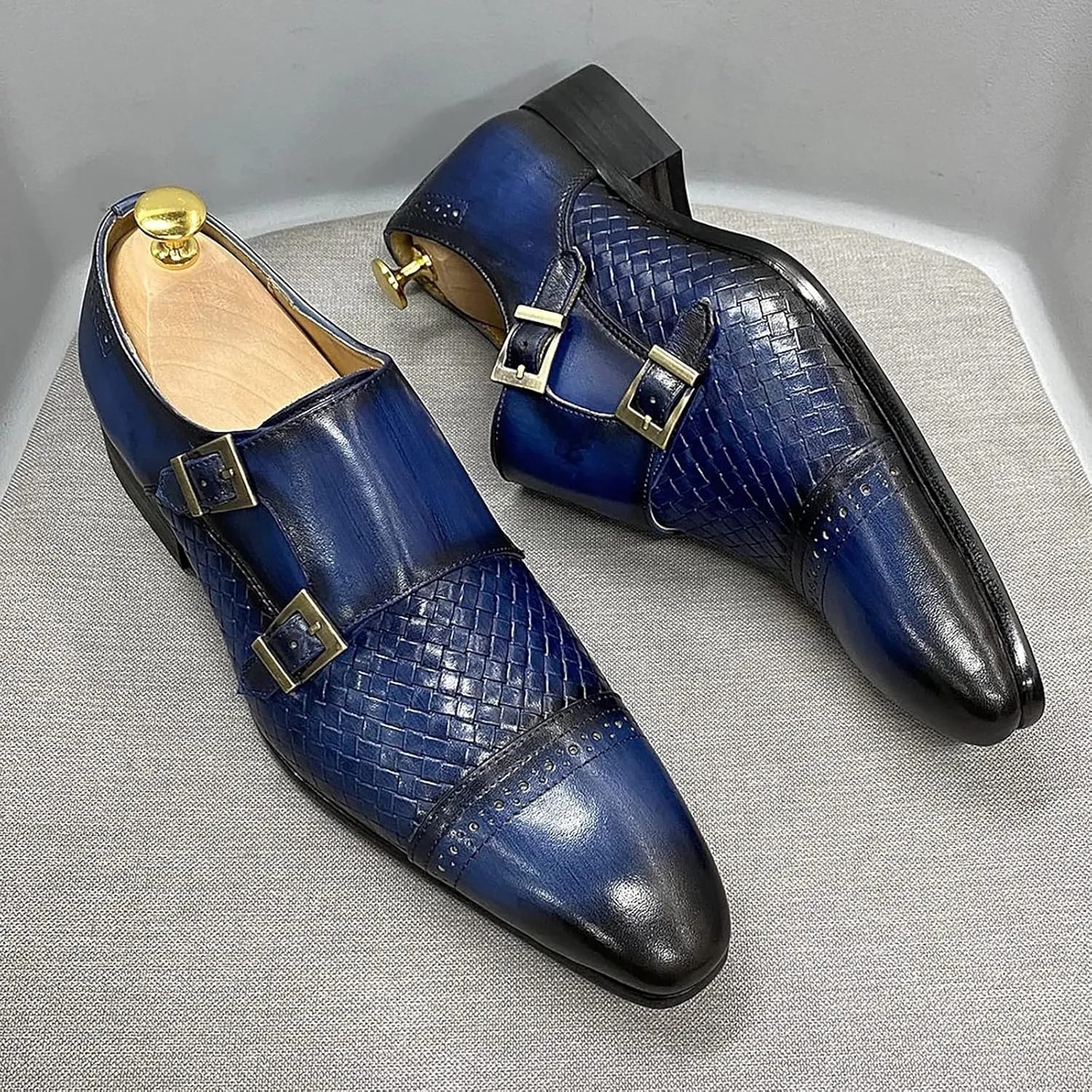 Men Loafers Dress Shoes Leather Brogues Slip On Moccasins Double Buckle Monk Shoe Wedding Office Formal Shoes,Blue-46