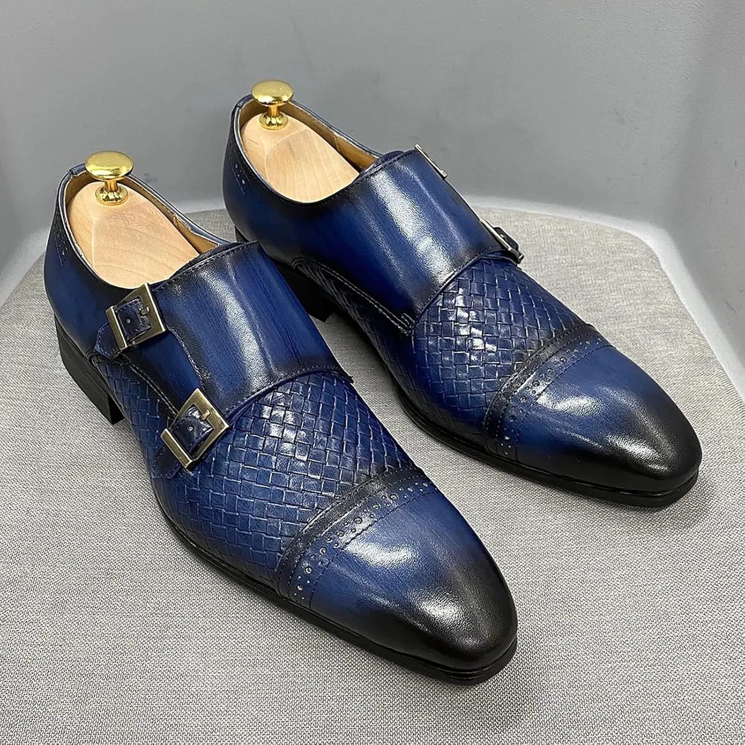 Men Loafers Dress Shoes Leather Brogues Slip On Moccasins Double Buckle Monk Shoe Wedding Office Formal Shoes,Blue-46