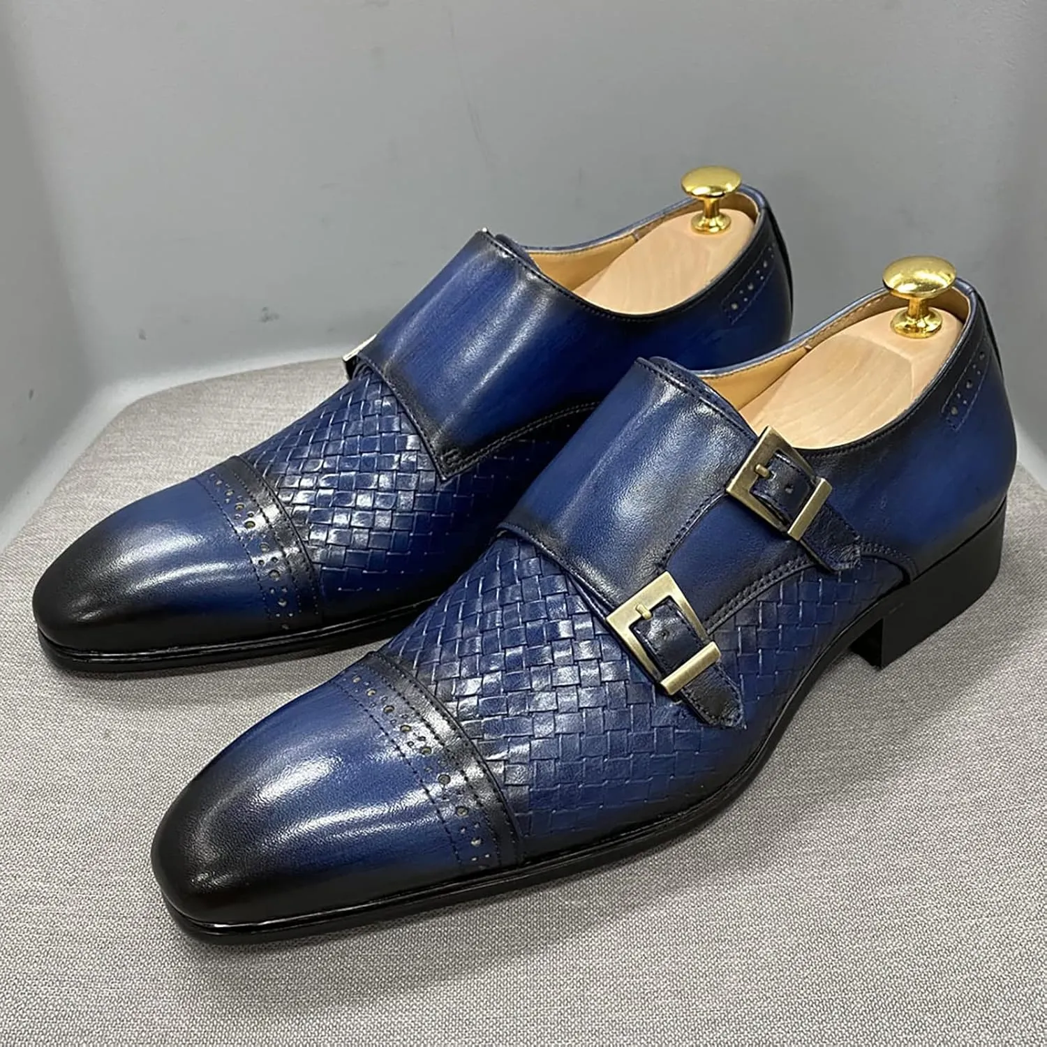 Men Loafers Dress Shoes Leather Brogues Slip On Moccasins Double Buckle Monk Shoe Wedding Office Formal Shoes,Blue-46