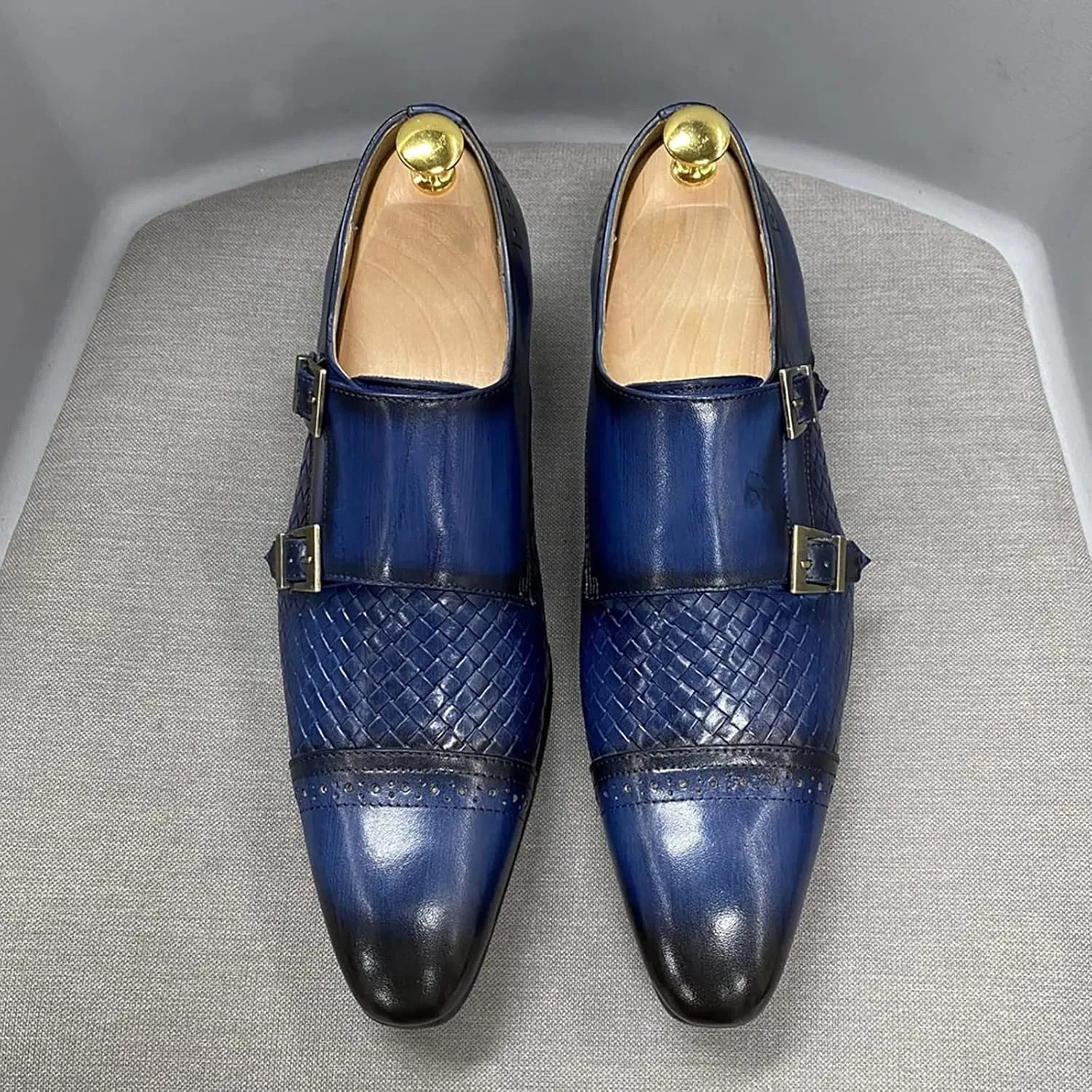Men Loafers Dress Shoes Leather Brogues Slip On Moccasins Double Buckle Monk Shoe Wedding Office Formal Shoes,Blue-46
