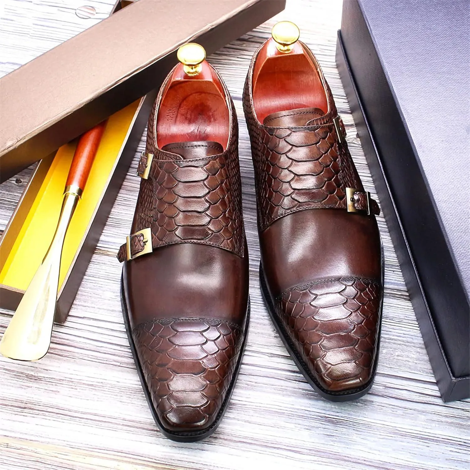 Men Loafers Dress Shoes Leather Brogues Slip On Moccasion Double Buckle Monk Shoe Non-Slip Office Formal Shoes,Brown-46