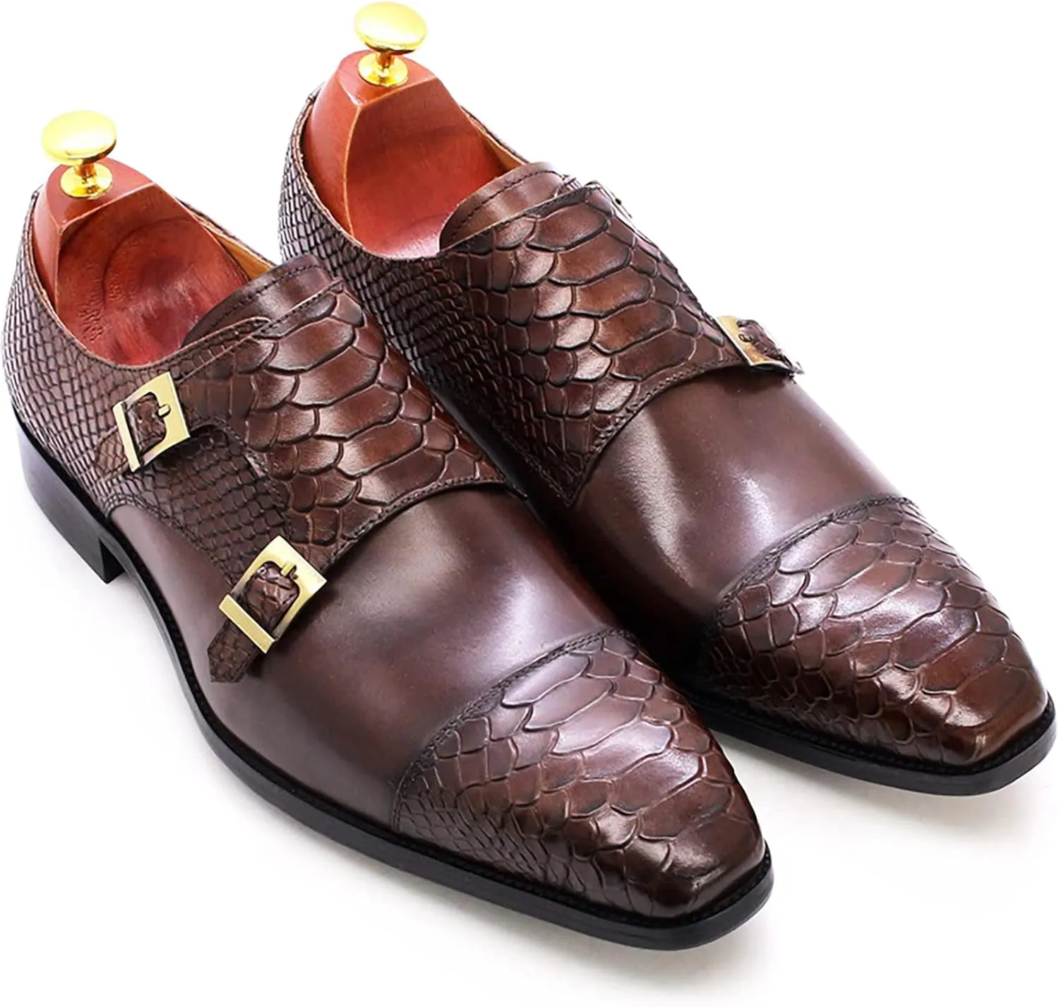 Men Loafers Dress Shoes Leather Brogues Slip On Moccasion Double Buckle Monk Shoe Non-Slip Office Formal Shoes,Brown-46