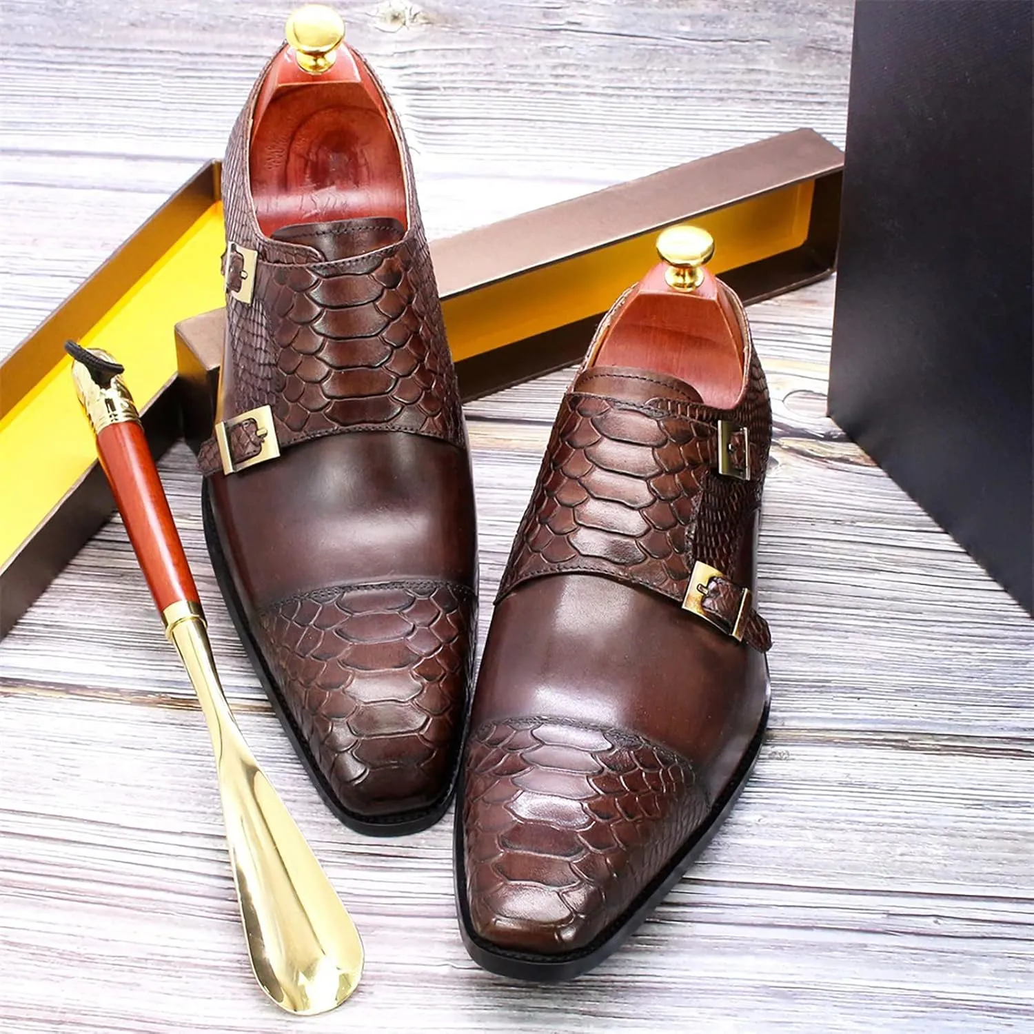 Men Loafers Dress Shoes Leather Brogues Slip On Moccasion Double Buckle Monk Shoe Non-Slip Office Formal Shoes,Brown-46