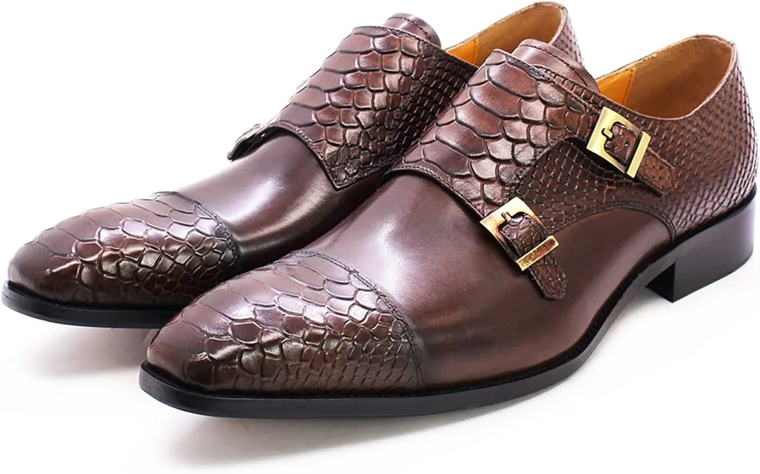 Men Loafers Dress Shoes Leather Brogues Slip On Moccasion Double Buckle Monk Shoe Non-Slip Office Formal Shoes,Brown-46