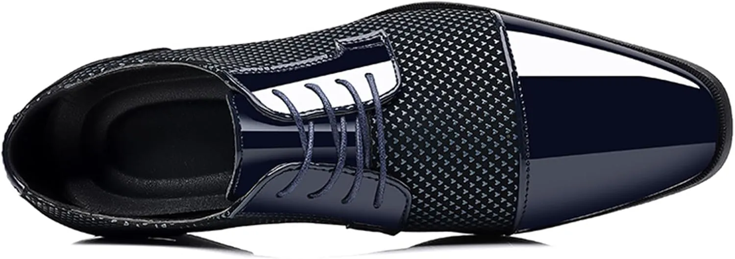 Men Patent Leather Tuxedo Shoes Cap Toe Lace-up Formal Casual Oxfords Shoes Breathable Business Wedding Dress Shoes Blue
