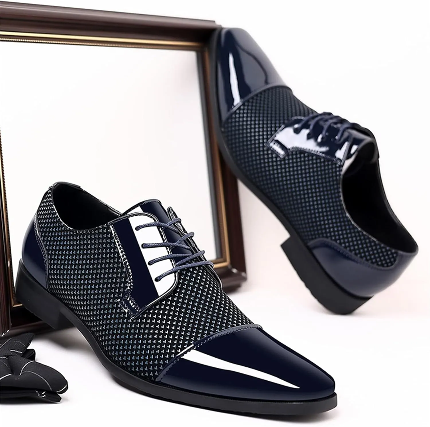Men Patent Leather Tuxedo Shoes Cap Toe Lace-up Formal Casual Oxfords Shoes Breathable Business Wedding Dress Shoes Blue