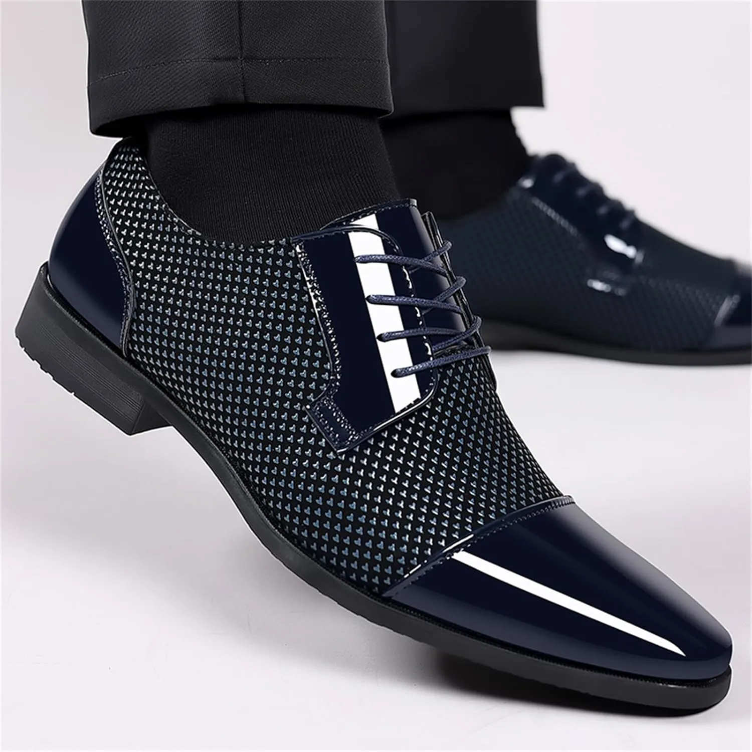 Men Patent Leather Tuxedo Shoes Cap Toe Lace-up Formal Casual Oxfords Shoes Breathable Business Wedding Dress Shoes Blue