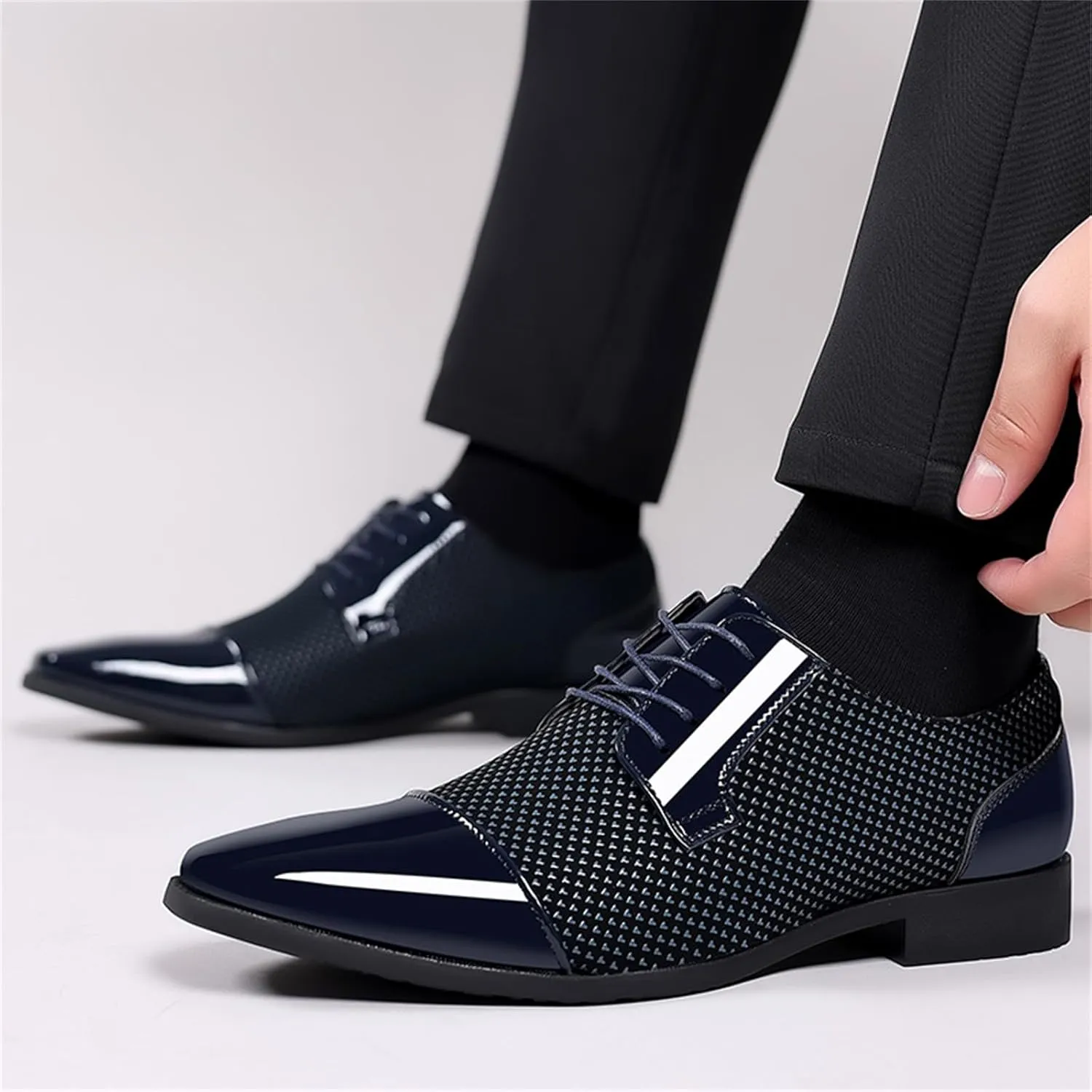 Men Patent Leather Tuxedo Shoes Cap Toe Lace-up Formal Casual Oxfords Shoes Breathable Business Wedding Dress Shoes Blue