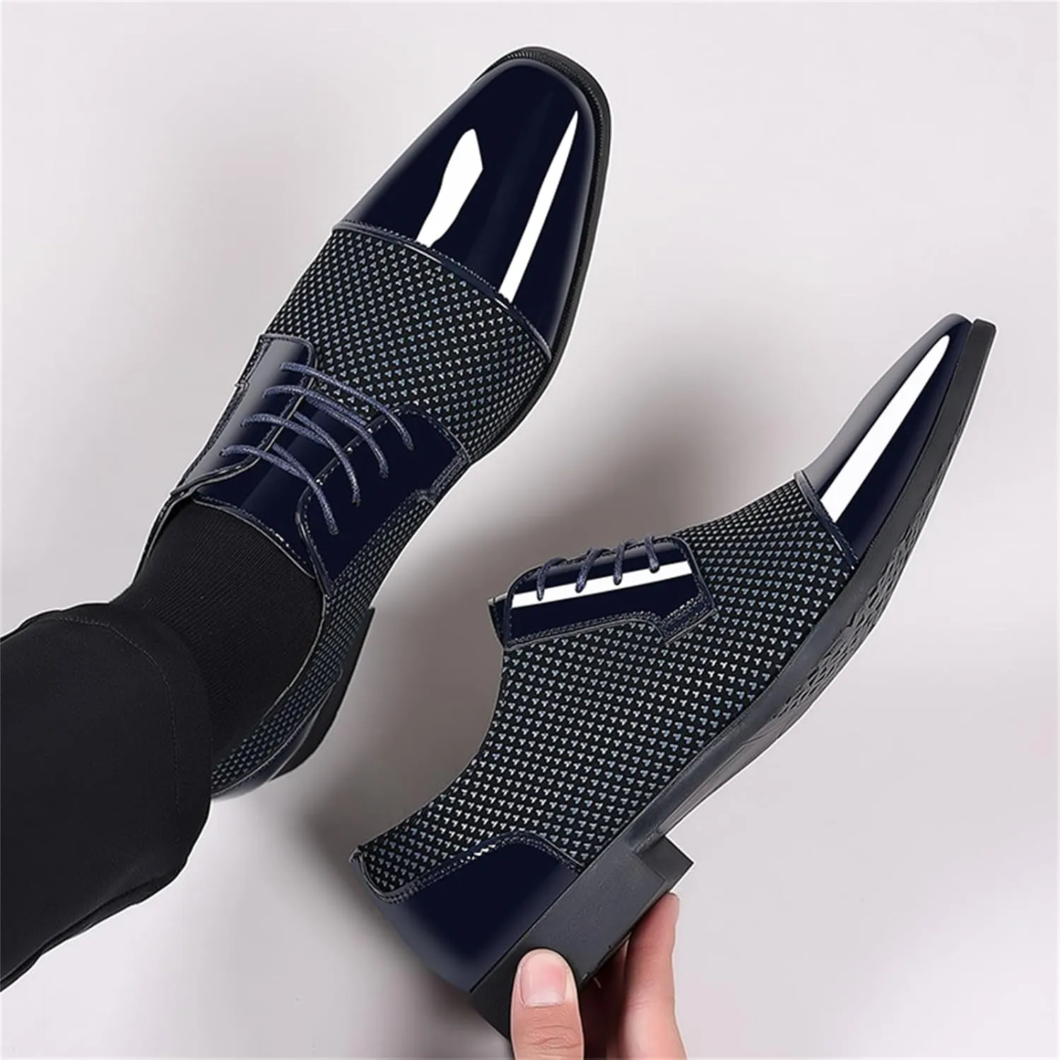 Men Patent Leather Tuxedo Shoes Cap Toe Lace-up Formal Casual Oxfords Shoes Breathable Business Wedding Dress Shoes Blue