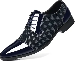 Men Patent Leather Tuxedo Shoes Cap Toe Lace-up Formal Casual Oxfords Shoes Breathable Business Wedding Dress Shoes Blue