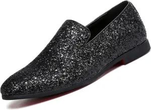 Men Smoking Sequins Slip-On Oxfords Loafers,Fashion Pointed Casual Glitter Tuxedo Suit Dress Prom Shoes