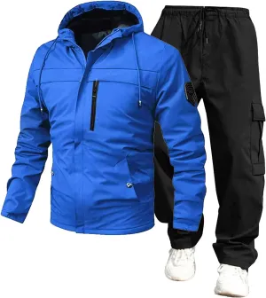 Men’s 2 Piece Tracksuit Windbreaker Sets Hooded Windproof Rain Jackets Hiking Work Pants Outfits with Multi Pockets