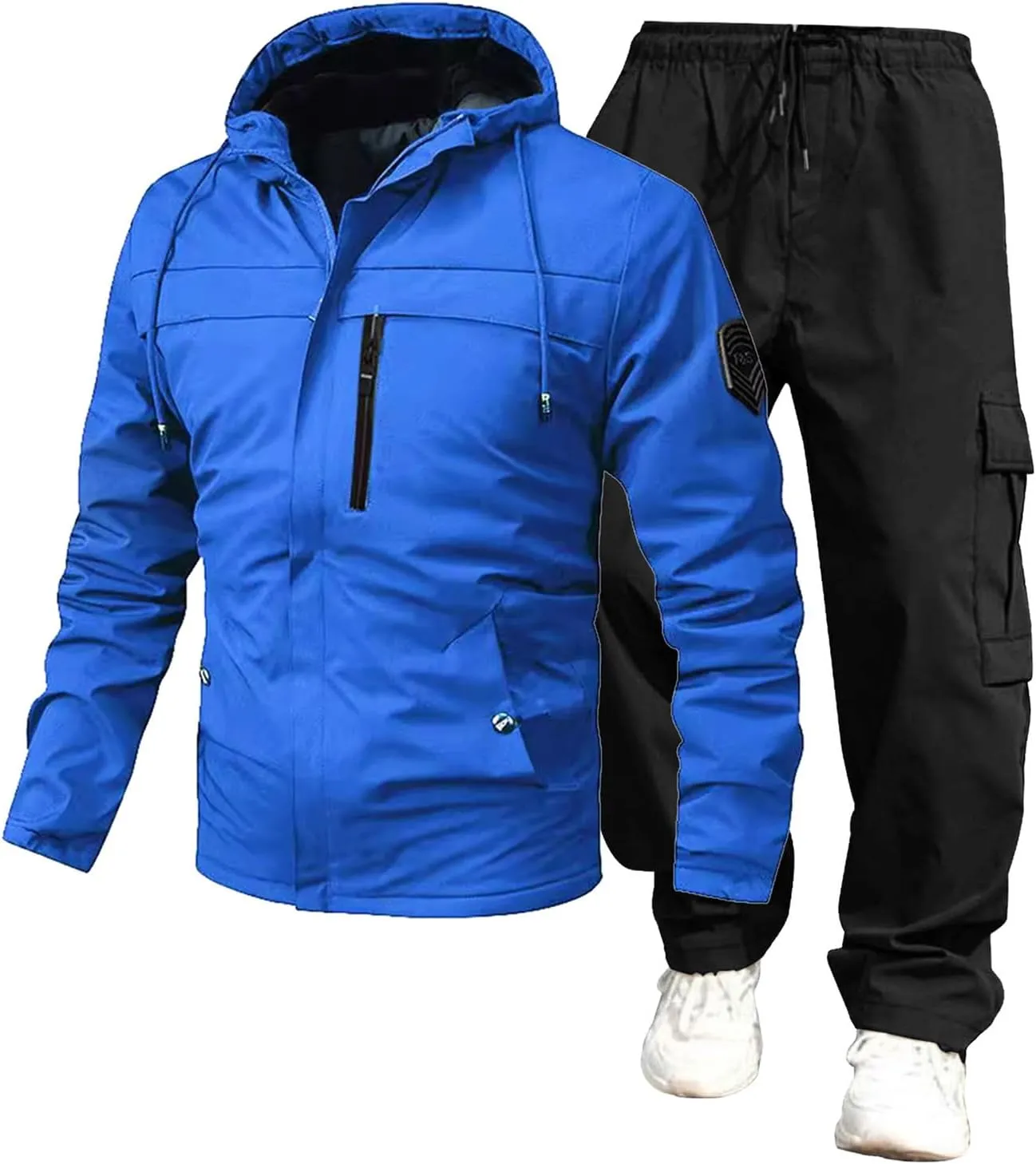 Men’s 2 Piece Tracksuit Windbreaker Sets Hooded Windproof Rain Jackets Hiking Work Pants Outfits with Multi Pockets