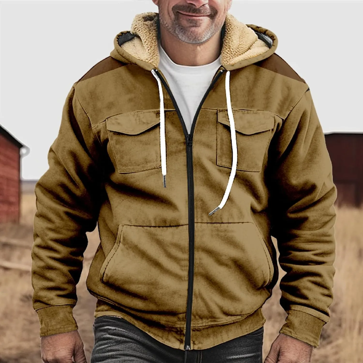 Men's Active Hoodies Jacket 2025 Winter Warm Thick Zip Big and Tall Warm Trucker Pullover with Hooded Coats Outwear