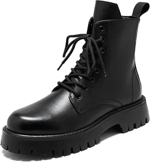 Men'S Black Patent Leather Platform Combat Boots Fashion Side Zipper Wide Toe Lace Up Chunky Lug Sole High Top Motorcycle Boots Comfort Waterproof Non-Slip Casual Ankle Booties