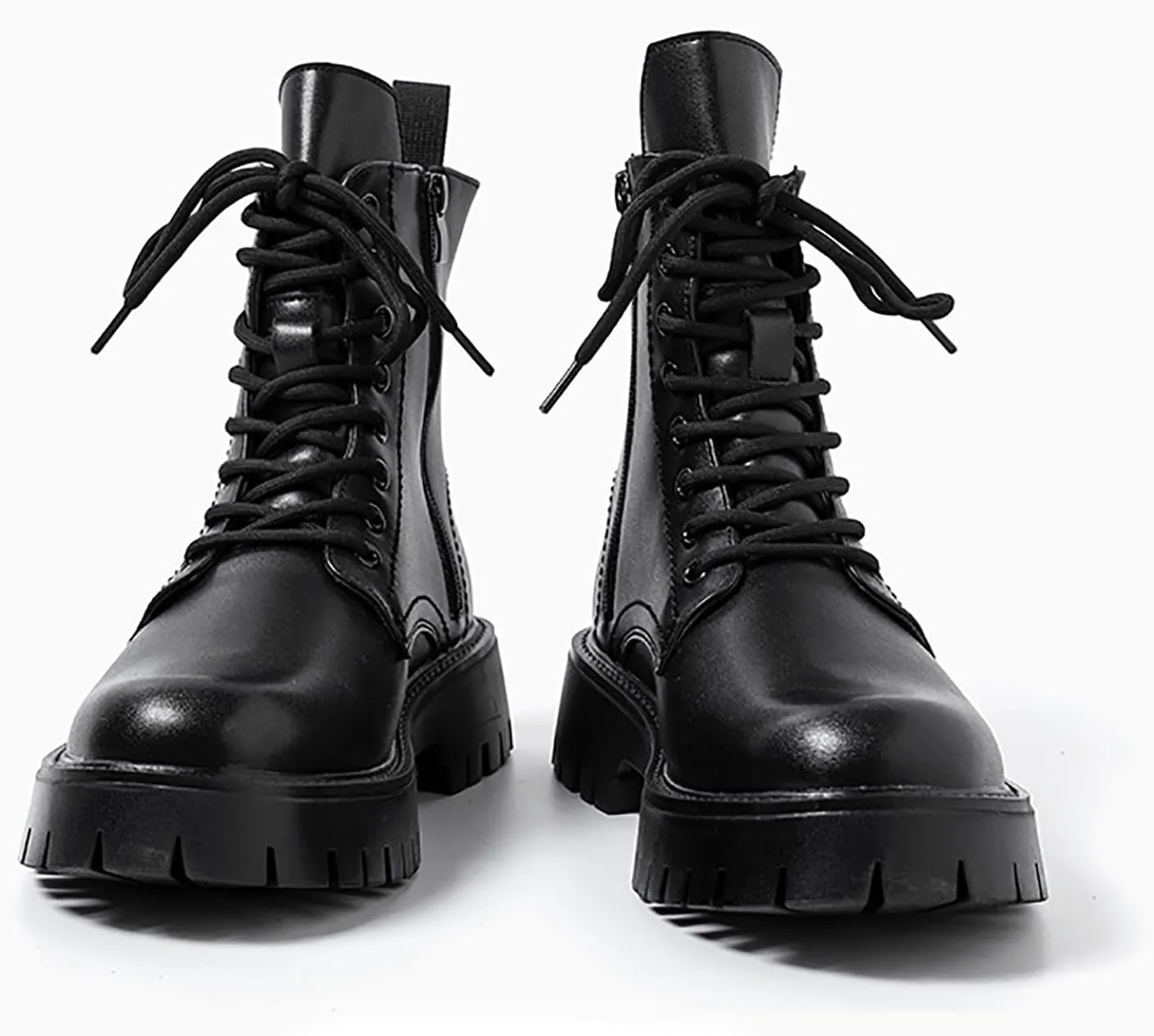 Men'S Black Patent Leather Platform Combat Boots Fashion Side Zipper Wide Toe Lace Up Chunky Lug Sole High Top Motorcycle Boots Comfort Waterproof Non-Slip Casual Ankle Booties