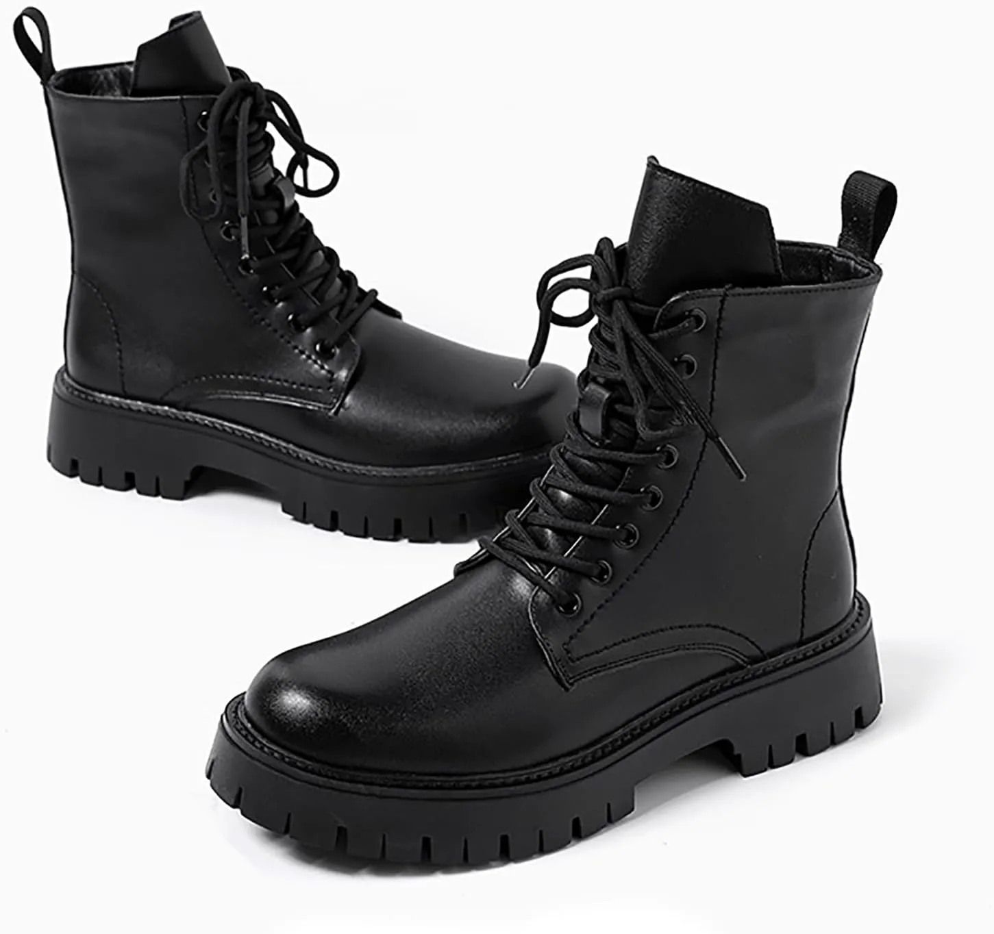 Men'S Black Patent Leather Platform Combat Boots Fashion Side Zipper Wide Toe Lace Up Chunky Lug Sole High Top Motorcycle Boots Comfort Waterproof Non-Slip Casual Ankle Booties