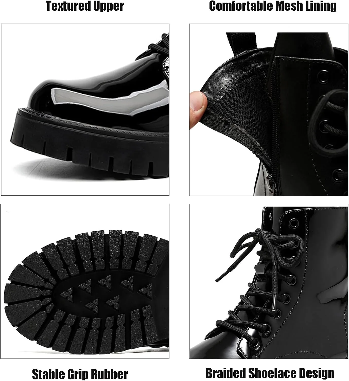 Men'S Black Patent Leather Platform Combat Boots Fashion Side Zipper Wide Toe Lace Up Chunky Lug Sole High Top Motorcycle Boots Comfort Waterproof Non-Slip Casual Ankle Booties