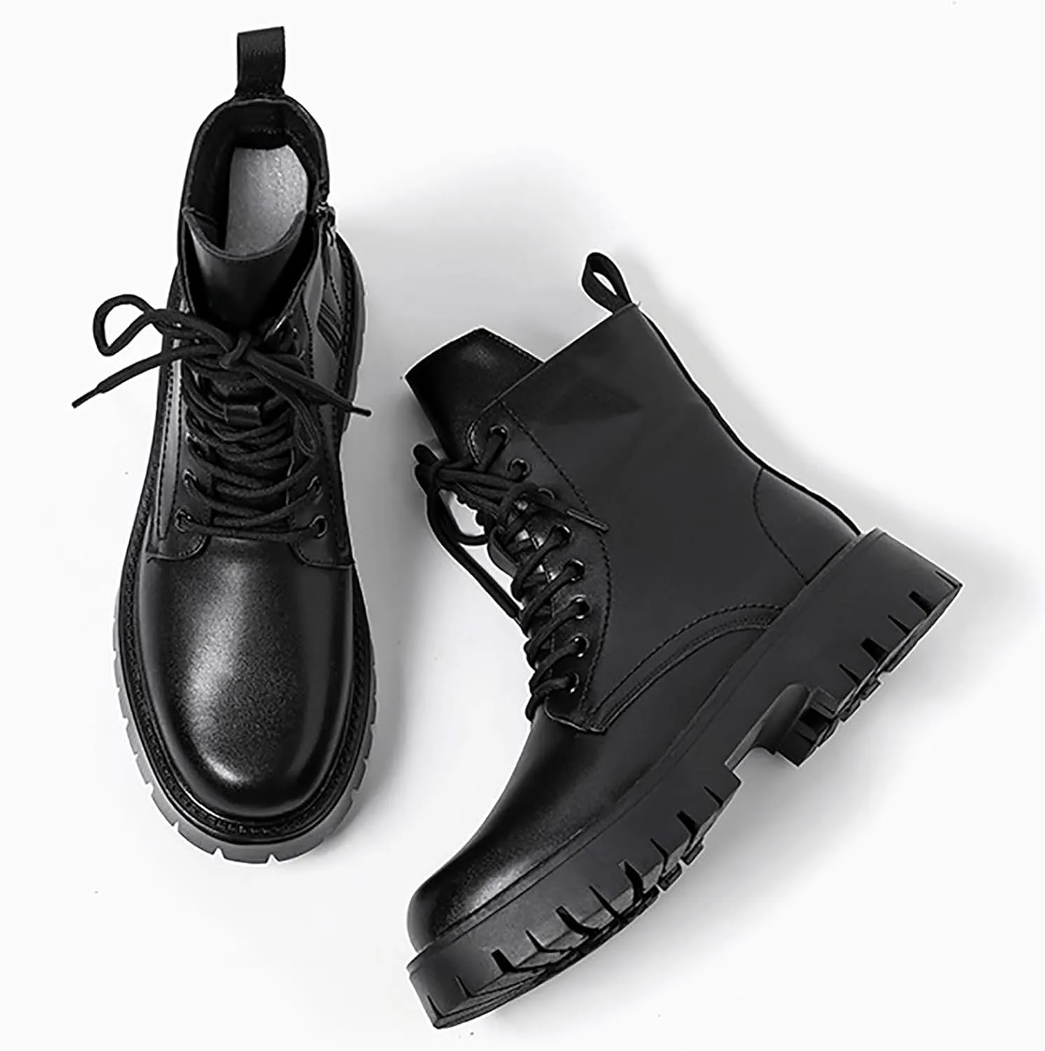 Men'S Black Patent Leather Platform Combat Boots Fashion Side Zipper Wide Toe Lace Up Chunky Lug Sole High Top Motorcycle Boots Comfort Waterproof Non-Slip Casual Ankle Booties