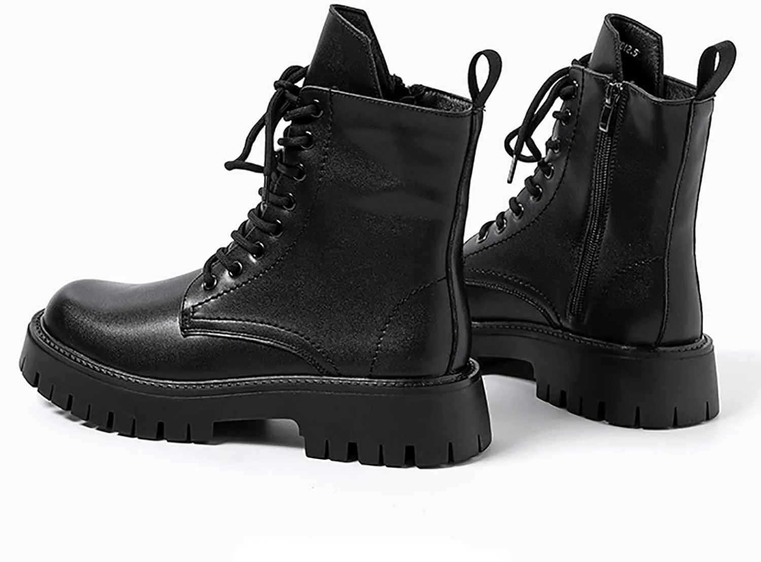 Men'S Black Patent Leather Platform Combat Boots Fashion Side Zipper Wide Toe Lace Up Chunky Lug Sole High Top Motorcycle Boots Comfort Waterproof Non-Slip Casual Ankle Booties