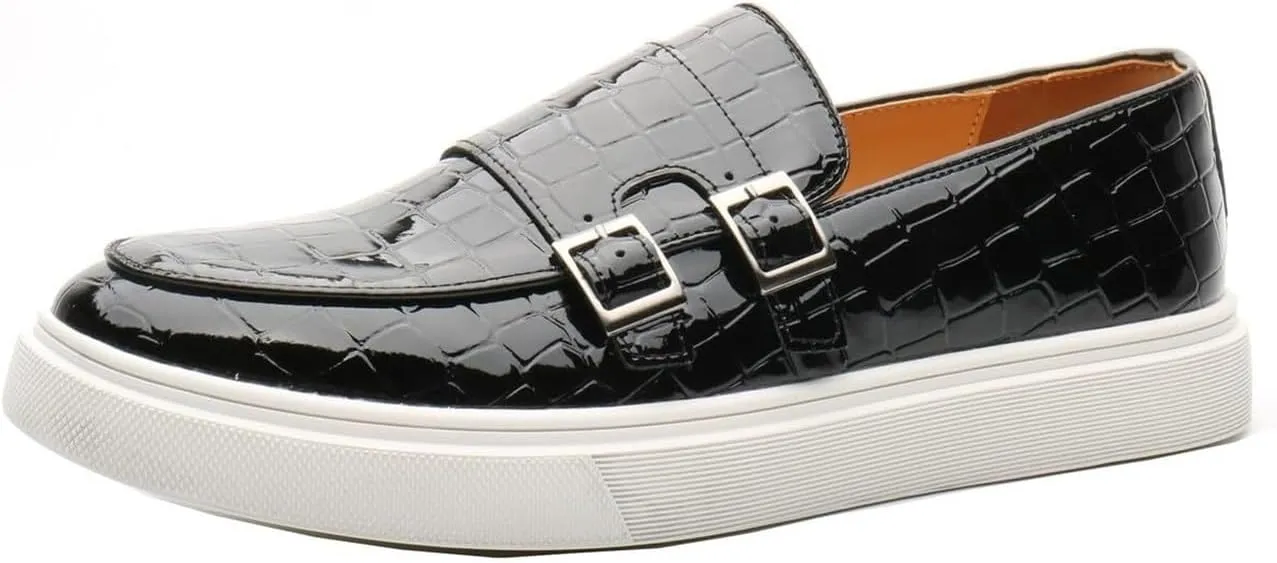 Men's Buckle Strap Loafers Crocodile Pattern Patent Leather Formal Casual Chunky Dress Shoes for Business Work Outdoor Dating Prom