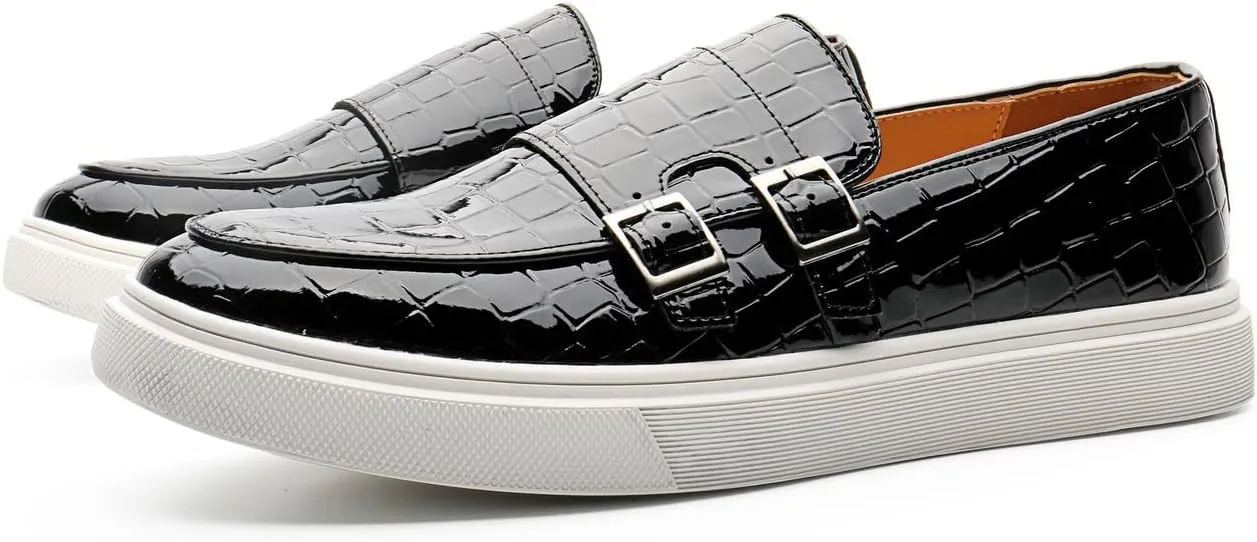 Men's Buckle Strap Loafers Crocodile Pattern Patent Leather Formal Casual Chunky Dress Shoes for Business Work Outdoor Dating Prom