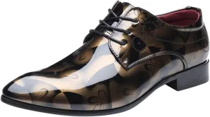 Men's Casual Dress Shoes with Blue Pattern Comfortable Low Heel Business Formal Shoes Pointed Toe Dress Oxfords Men Lace up Patent Leather Shoe Elegant Dating Fashion Shoe Casual Brogues