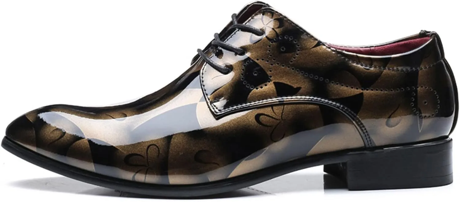 Men's Casual Dress Shoes with Blue Pattern Comfortable Low Heel Business Formal Shoes Pointed Toe Dress Oxfords Men Lace up Patent Leather Shoe Elegant Dating Fashion Shoe Casual Brogues