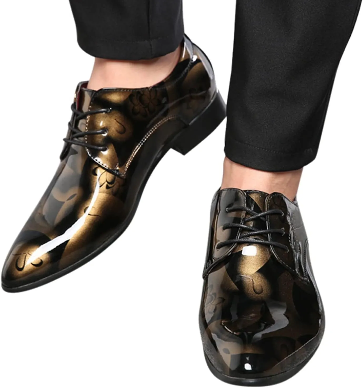 Men's Casual Dress Shoes with Blue Pattern Comfortable Low Heel Business Formal Shoes Pointed Toe Dress Oxfords Men Lace up Patent Leather Shoe Elegant Dating Fashion Shoe Casual Brogues