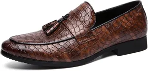 Men's Crocodile Printed Leather Tassel Loafers Classic Retro Slip-On Wing Tips Penny Dress Shoes for Party Dating Prom Business