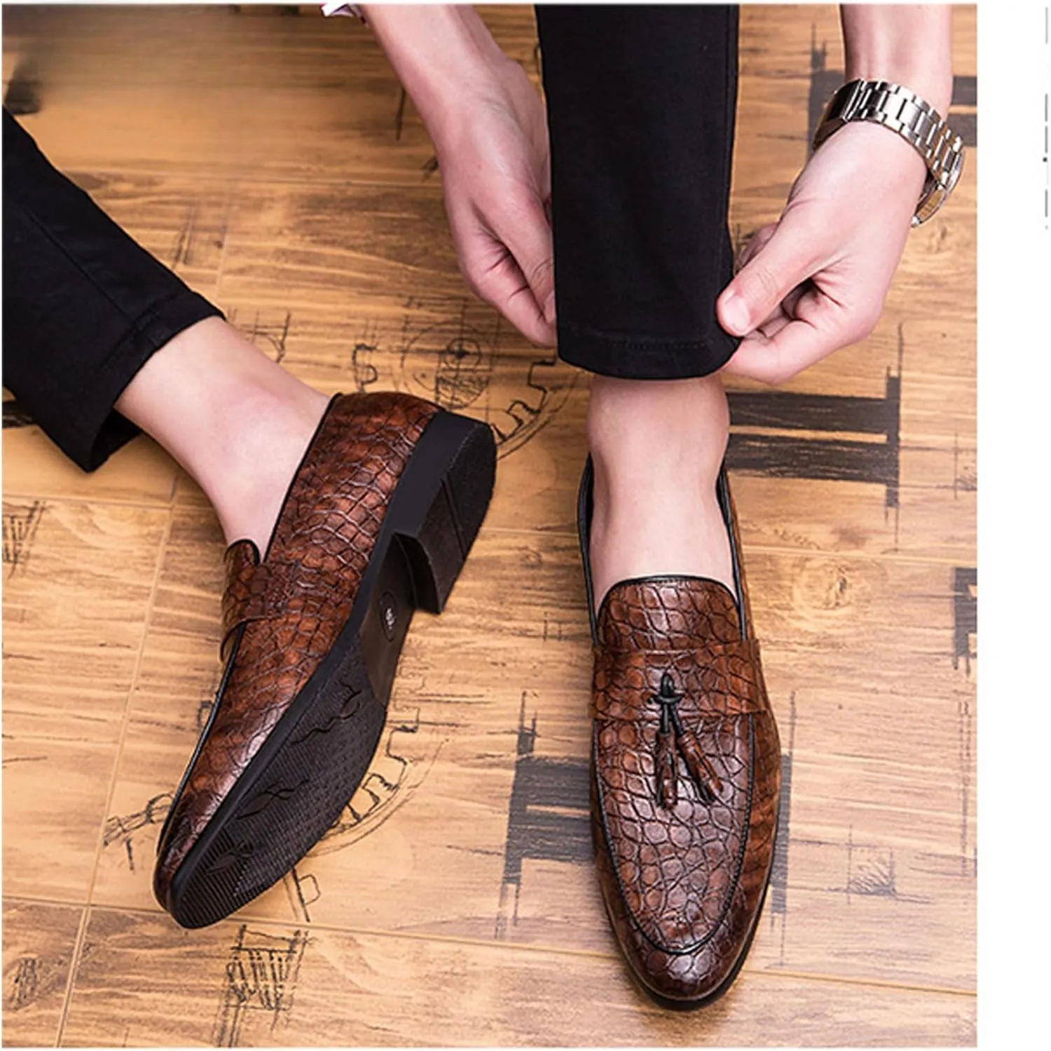 Men's Crocodile Printed Leather Tassel Loafers Classic Retro Slip-On Wing Tips Penny Dress Shoes for Party Dating Prom Business