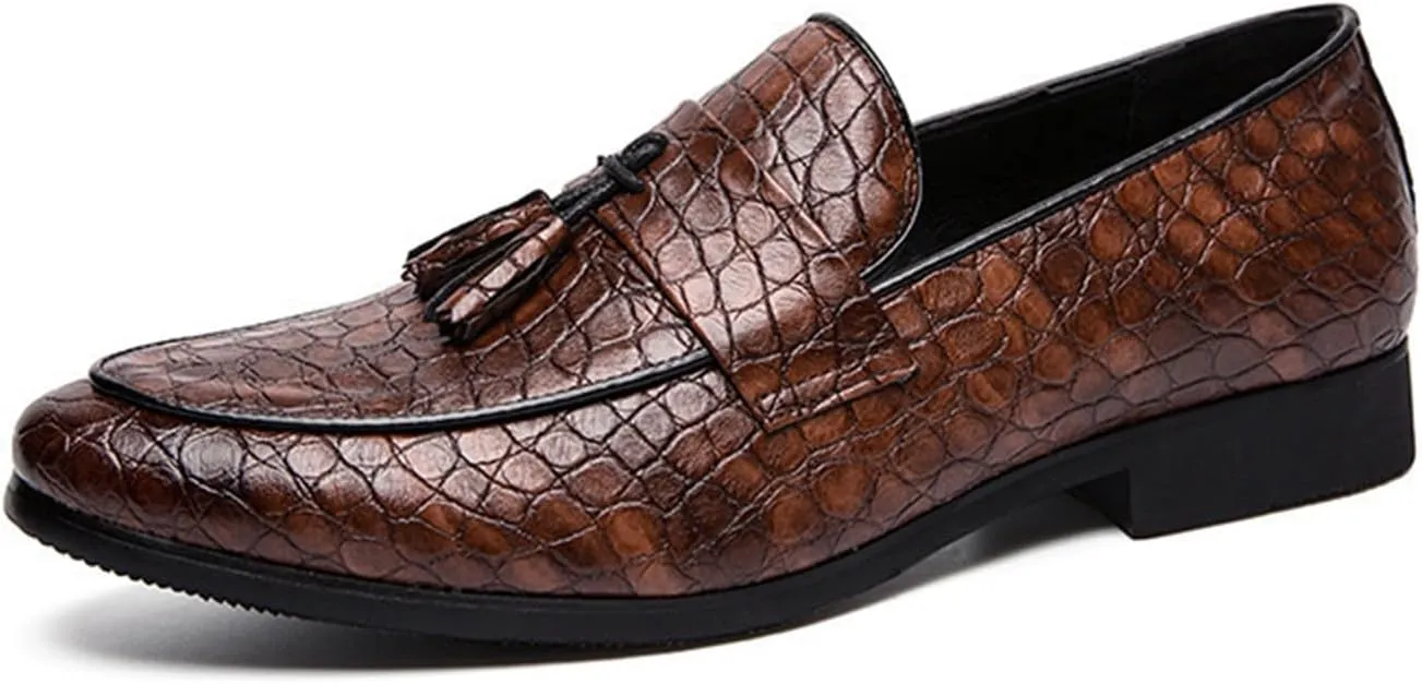 Men's Crocodile Printed Leather Tassel Loafers Classic Retro Slip-On Wing Tips Penny Dress Shoes for Party Dating Prom Business
