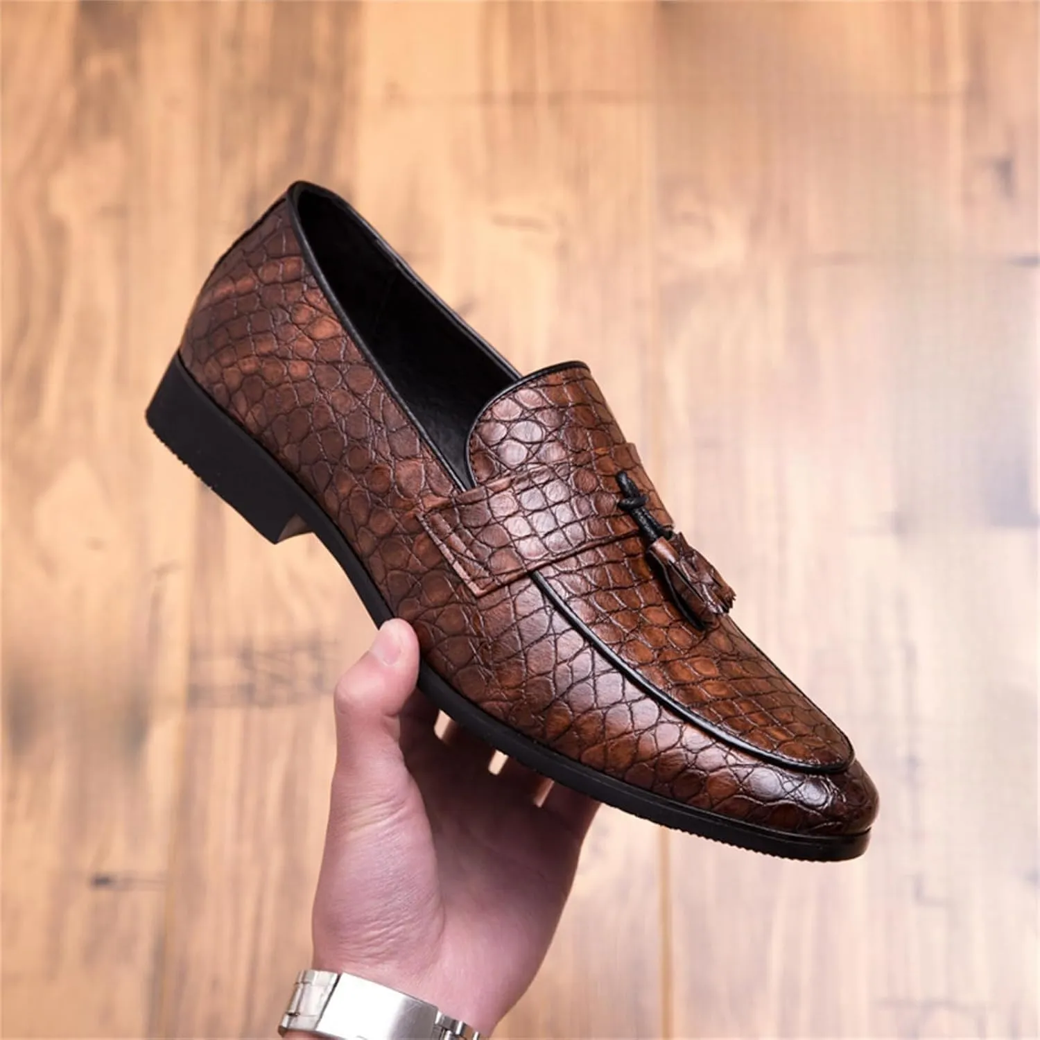Men's Crocodile Printed Leather Tassel Loafers Classic Retro Slip-On Wing Tips Penny Dress Shoes for Party Dating Prom Business
