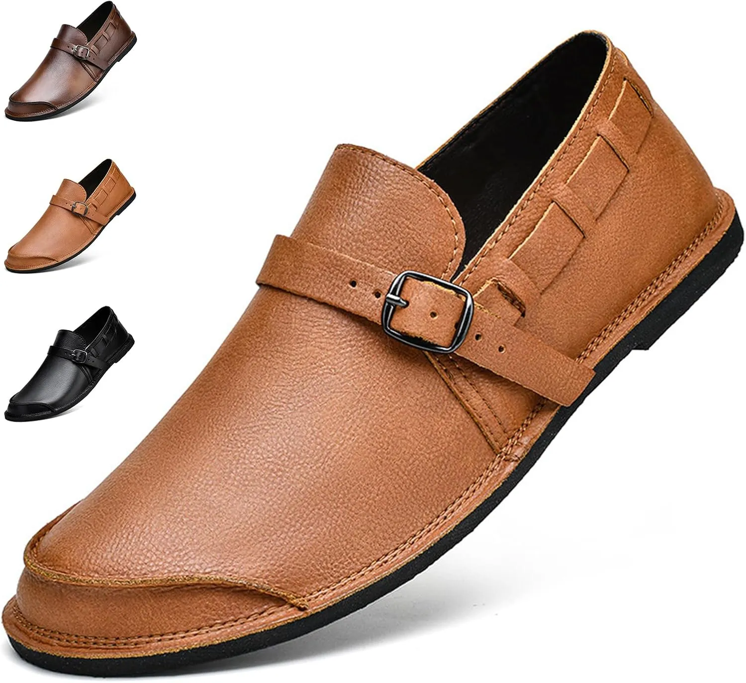 Men's Genuine Leather Monk Buckle Casual Slip-On Loafers Comfort Classic Hand-Sewn Round Head Wide Toe Oxford Walking Shoes Fashion Driving Business Dress Shoes