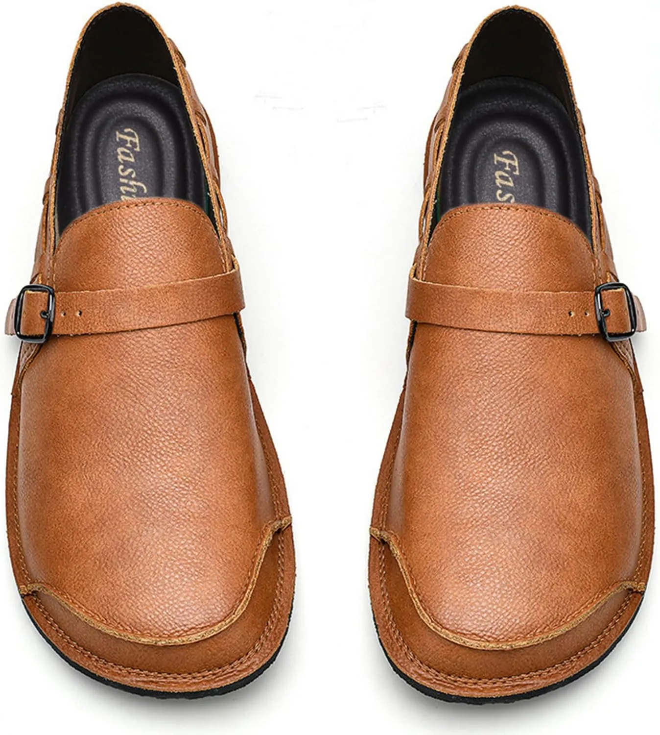 Men's Genuine Leather Monk Buckle Casual Slip-On Loafers Comfort Classic Hand-Sewn Round Head Wide Toe Oxford Walking Shoes Fashion Driving Business Dress Shoes