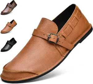 Men's Genuine Leather Monk Buckle Casual Slip-On Loafers Comfort Classic Hand-Sewn Round Head Wide Toe Oxford Walking Shoes Fashion Driving Business Dress Shoes