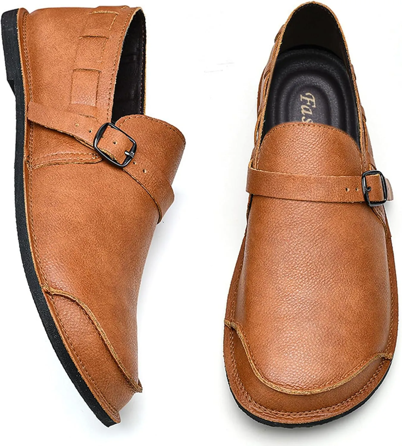 Men's Genuine Leather Monk Buckle Casual Slip-On Loafers Comfort Classic Hand-Sewn Round Head Wide Toe Oxford Walking Shoes Fashion Driving Business Dress Shoes