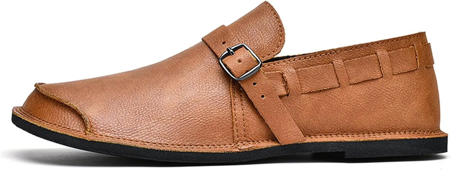 Men's Genuine Leather Monk Buckle Casual Slip-On Loafers Comfort Classic Hand-Sewn Round Head Wide Toe Oxford Walking Shoes Fashion Driving Business Dress Shoes