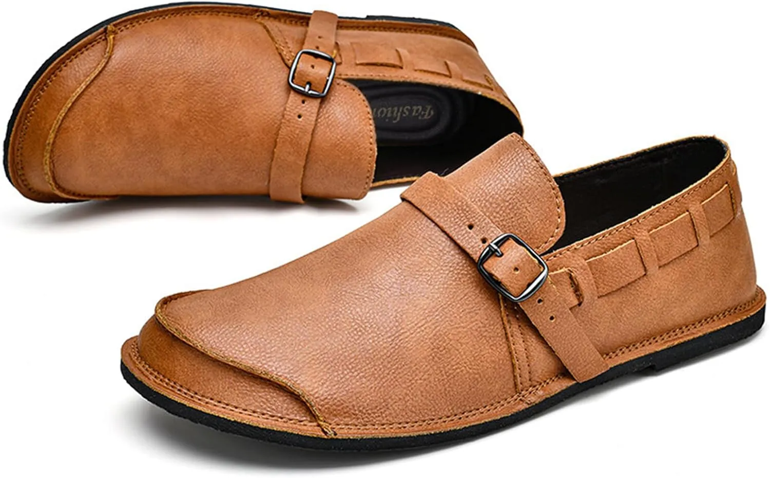 Men's Genuine Leather Monk Buckle Casual Slip-On Loafers Comfort Classic Hand-Sewn Round Head Wide Toe Oxford Walking Shoes Fashion Driving Business Dress Shoes